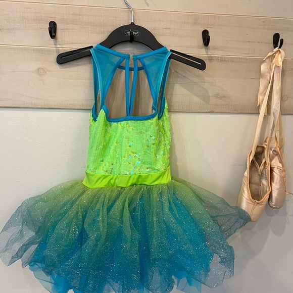 Weissman tap jazz dance costume, lime green and teal, tutu performance, size MC - Picture 5 of 8